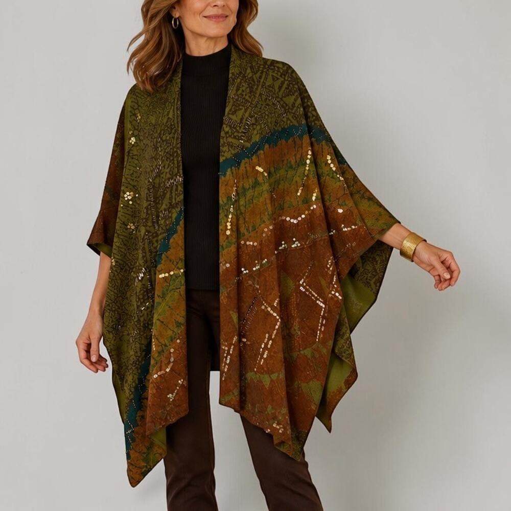 Chico's Ruana Wrap Green Brown Abstract Beaded Sequin Art to Wear One Size